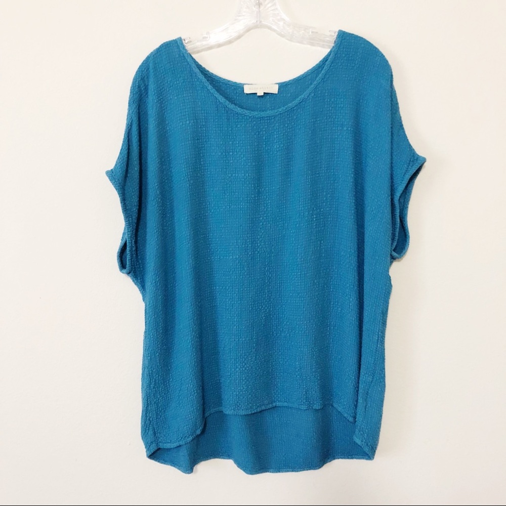 Side stitch blue linen blend top large